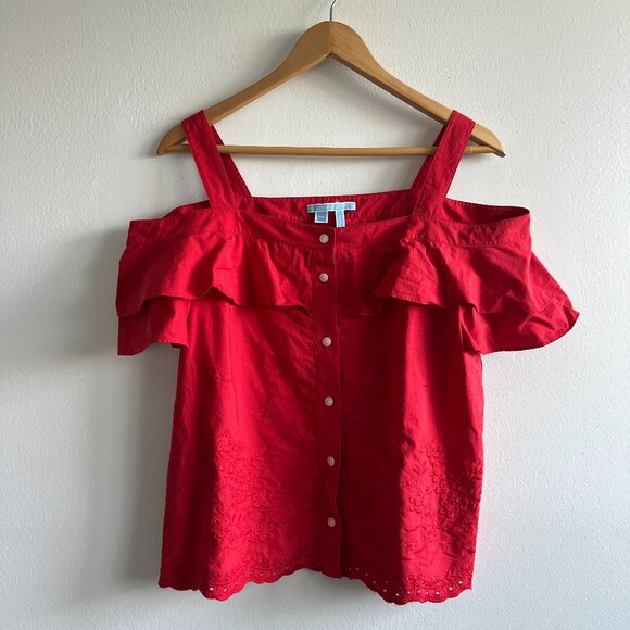 Draper James Tops - Embroidered Off-the-shoulder Draper James Top with ruffles, buttons, eyelet, 10